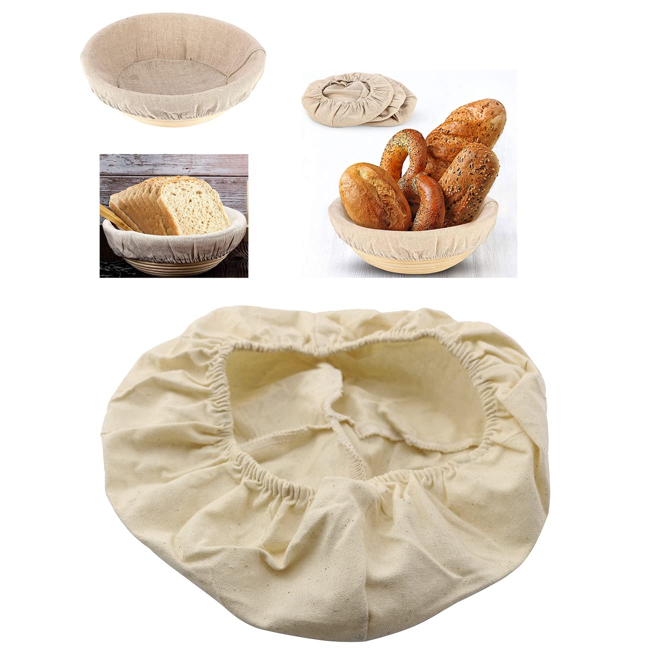 LQ Industrial 3pcs Round Bread Proofing Basket Cloth Liner 10" Rattan Baking Dough Basket Cover Natural Rattan Banneton Proofing Cloth