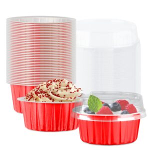 50 pack baking cups with lids, aluminum foil cupcake cups muffin liners, disposable foil ramekins, cupcake holders dessert containers mini pudding cups for birthday, christmas, parties, weddings (red)