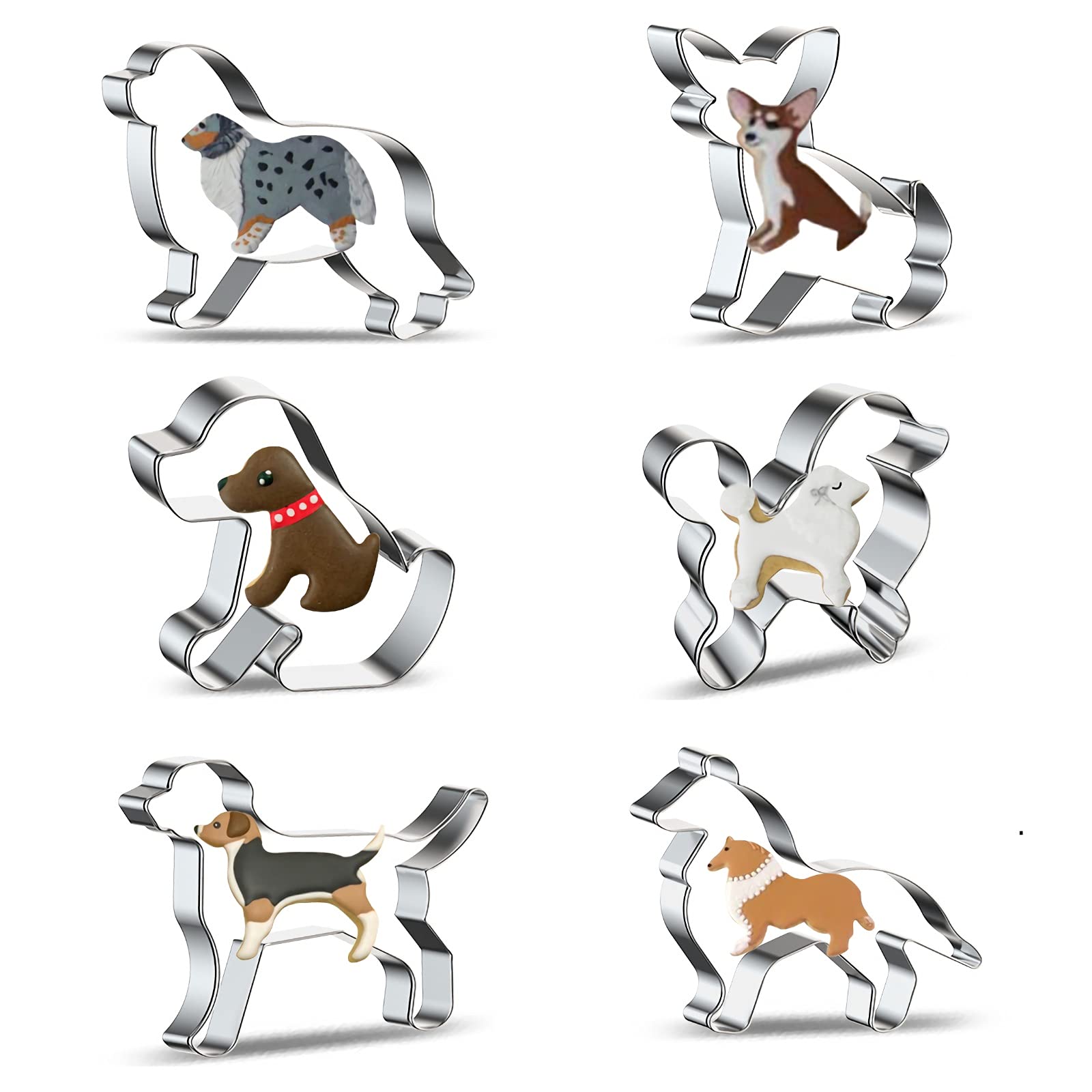 Dog Cookie Cutter for Treats Shapes Baking Set of 6 - Stainless Steel Border Collie, Chihuahua, Labrador, Rochin, Rottweiler, Pleasant Shepherd Shaped Puppy Cartoon Pet Dog Cookie Cutters Molds Stamps