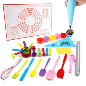 baking supplies - silicone spatulas set, rolling pin, pastry mat, silicone baking cups, piping bags and tips, measuring cups and spoons, baking set for kids teens adult beginner
