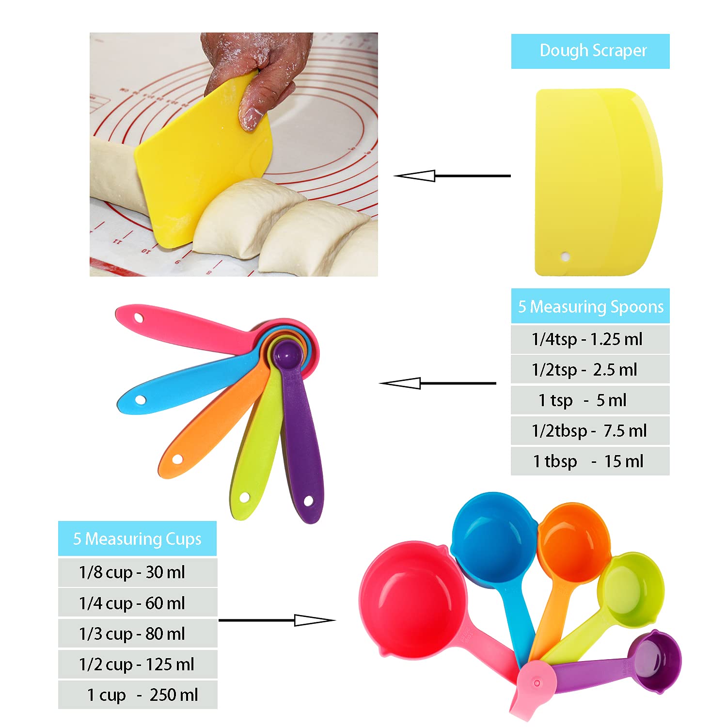 Baking Supplies - Silicone Spatulas Set, Rolling Pin, Pastry Mat, Silicone Baking Cups, Piping Bags and Tips, Measuring Cups and Spoons, Baking Set for Kids Teens Adult Beginner