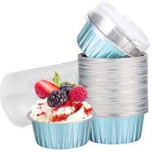 ramekins with lids, 25 pcs 5 oz blue foil dessert baking cups holders, cupcake liners for baking ​utility clear pudding cups for wedding,christmas,kitchen,birthday party,various holiday parties