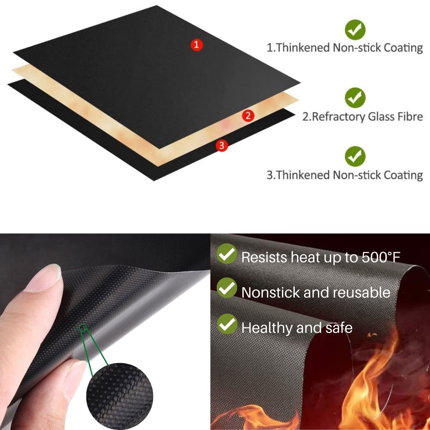 Oven Liners for Bottom of Electric Oven, 16 x 24 inch Reusable Nonstick Heat Resistant Liner Mat for Gas Oven, Microwave, Charcoal, Outdoor BBQ Grill Mats 3(Pack/Piece)