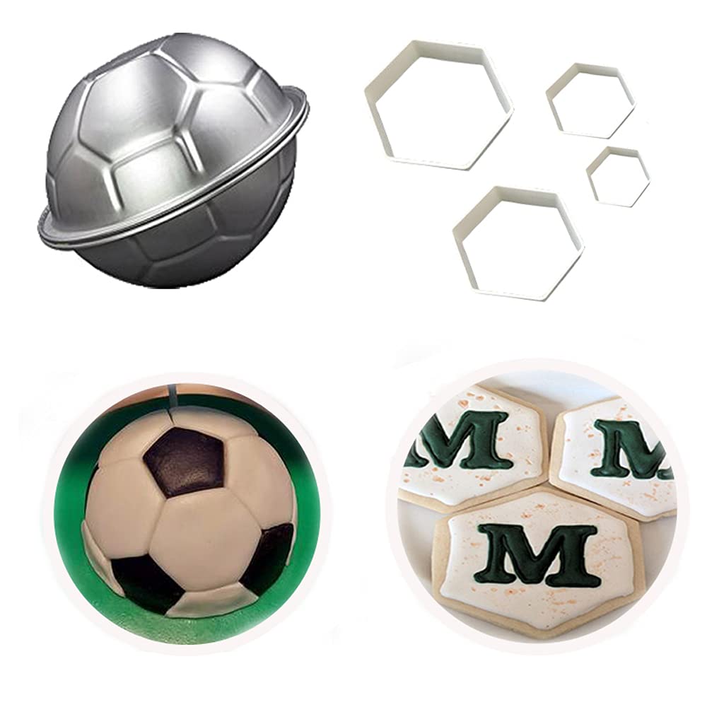 3D Soccer Ball Pan,LQQDD Football Shape Cake Pan and The Easiest Soccer Cookie Ever Cutter Set,Football Cutter Cake Mold for Stadium Player World Cup Master Chart Cake Decoration Gumpaste Fondant Mold