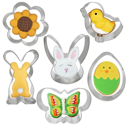 Easter Cookie Cutters, 6 PCS Chick Carrot Egg Flower Bunny Rabbite Butterfly Cookie Cutter Stainless Steel Biscuit Cutters Holiday Themed Cutter