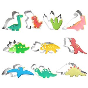 tmppdeco dinosaur cookie cutter set - 10 piece stainless steel metal cookie cutters shapes, mini small cookie molds for baking, diy, kitchen, cake, kid's dinosaur animal themed birthday party