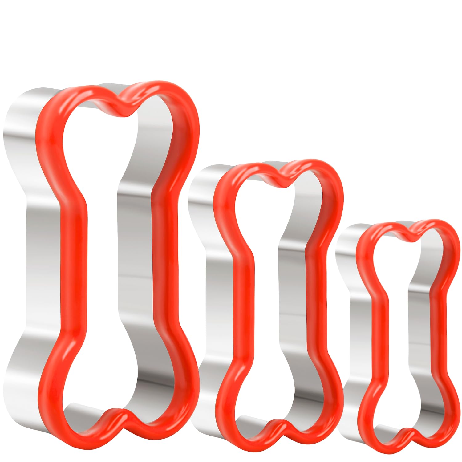 KAISHANE Bone Cookie Cutters Set, 3 PCS Dog Bone Biscut Cutters Set Stainless Steel with Red Environmental PVC for DIY Baking Fondant Cake Molds Dog Treats - 3.9/3.1/2.4IN