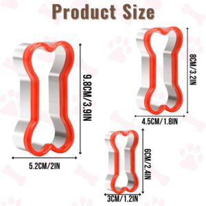 KAISHANE Bone Cookie Cutters Set, 3 PCS Dog Bone Biscut Cutters Set Stainless Steel with Red Environmental PVC for DIY Baking Fondant Cake Molds Dog Treats - 3.9/3.1/2.4IN