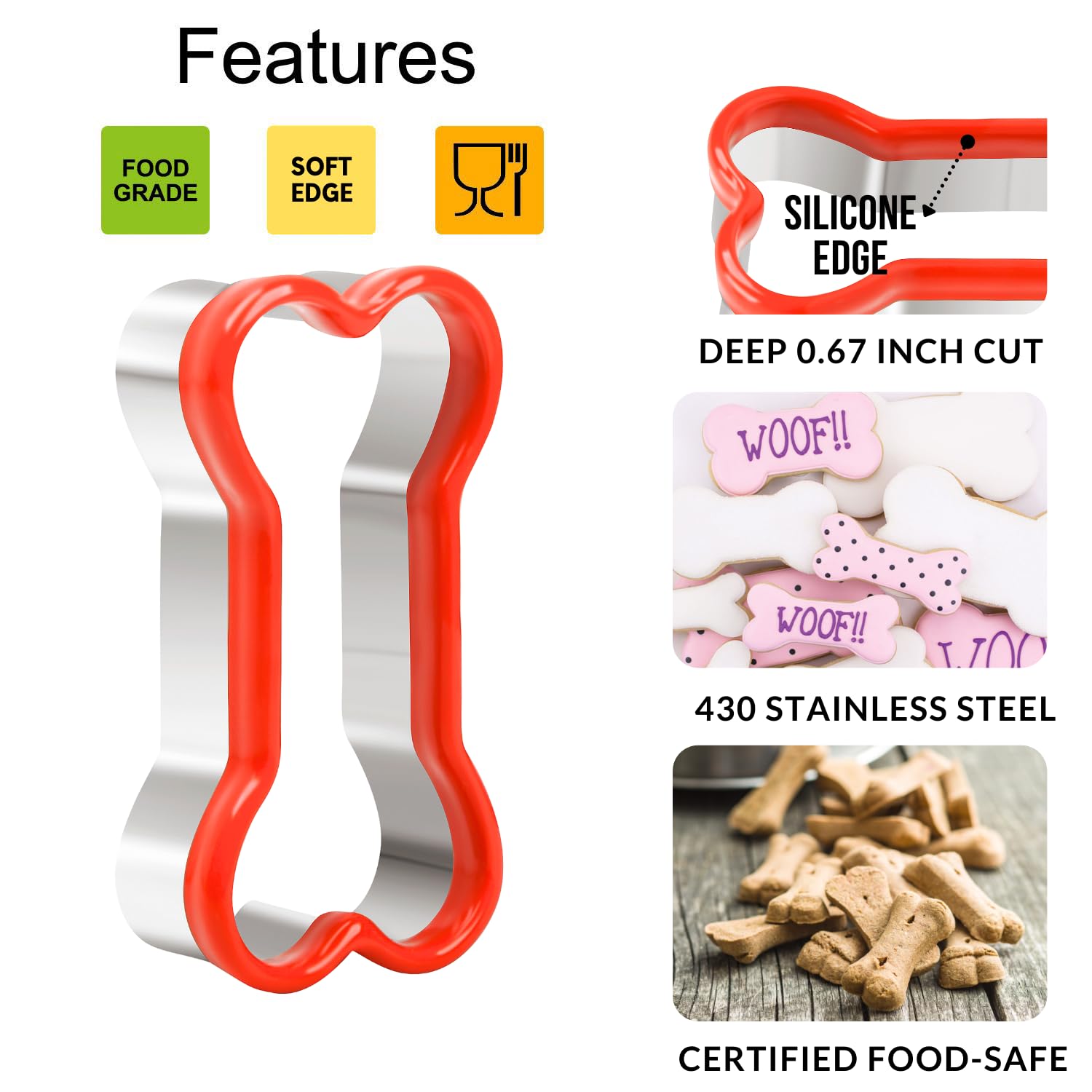 KAISHANE Bone Cookie Cutters Set, 3 PCS Dog Bone Biscut Cutters Set Stainless Steel with Red Environmental PVC for DIY Baking Fondant Cake Molds Dog Treats - 3.9/3.1/2.4IN