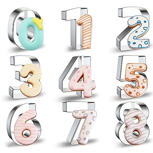 Number Cookie Cutters Set Large 3 Inches - 9 Pieces Stainless Steel Numbers/Numeral/Numeric Shapes Biscuits Sugar Fondant Cake Decorating Tools for Kitchen Baking Halloween Christmas Easter Party