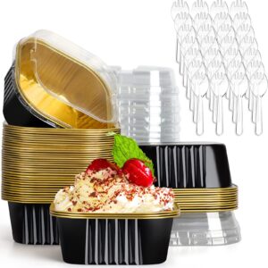 axztyyla square baking cups, 50pcs 5oz aluminum foil mini cake pans with lids, disposable creme brulee ramekins muffin tins flan cupcake liners dessert cups containers with 50 spoons (black, 50pcs)