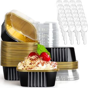 AXZTYYLA Square Baking Cups, 50pcs 5oz Aluminum Foil Mini Cake Pans with Lids, Disposable Creme Brulee Ramekins Muffin Tins Flan Cupcake Liners Dessert Cups Containers with 50 Spoons (Black, 50pcs)