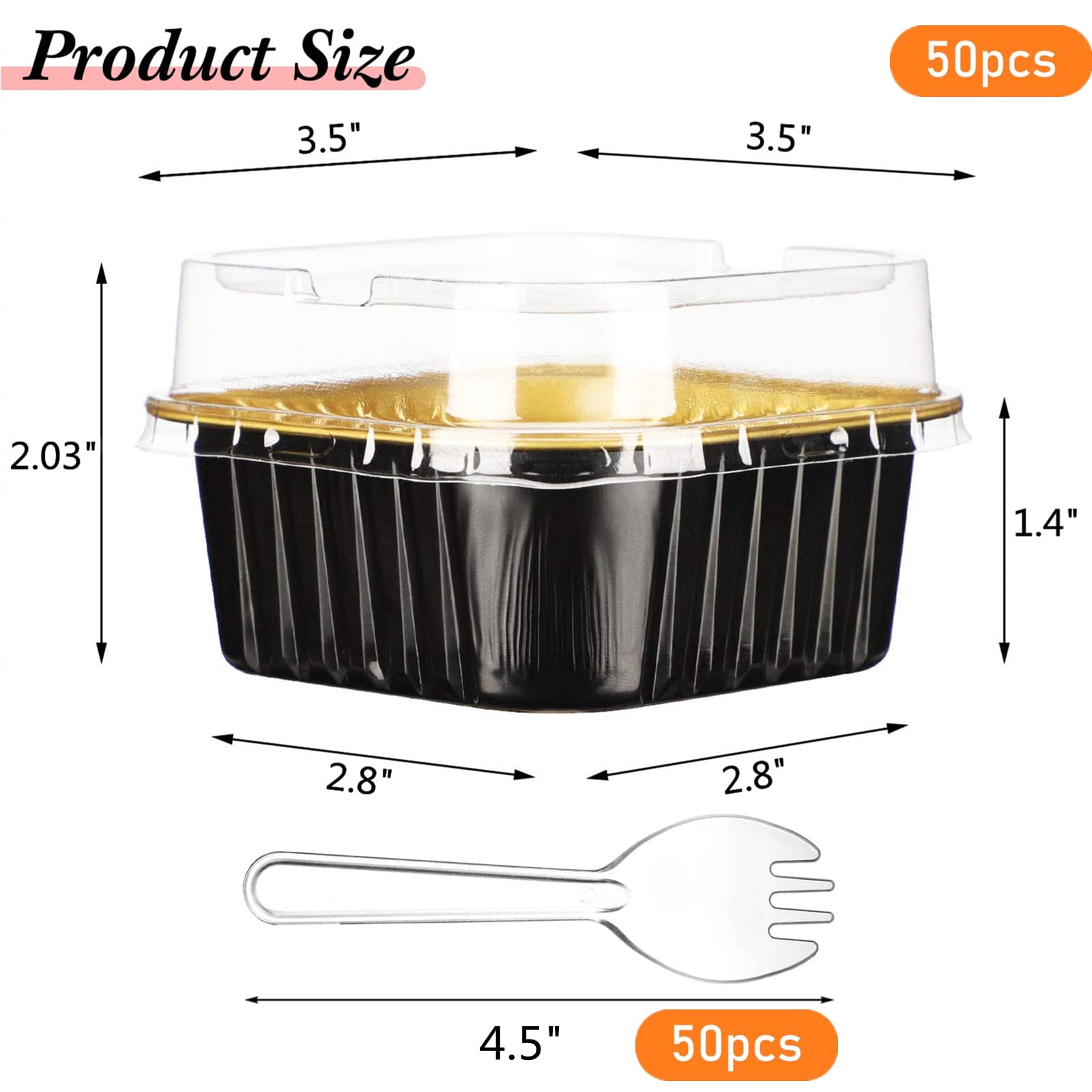 AXZTYYLA Square Baking Cups, 50pcs 5oz Aluminum Foil Mini Cake Pans with Lids, Disposable Creme Brulee Ramekins Muffin Tins Flan Cupcake Liners Dessert Cups Containers with 50 Spoons (Black, 50pcs)