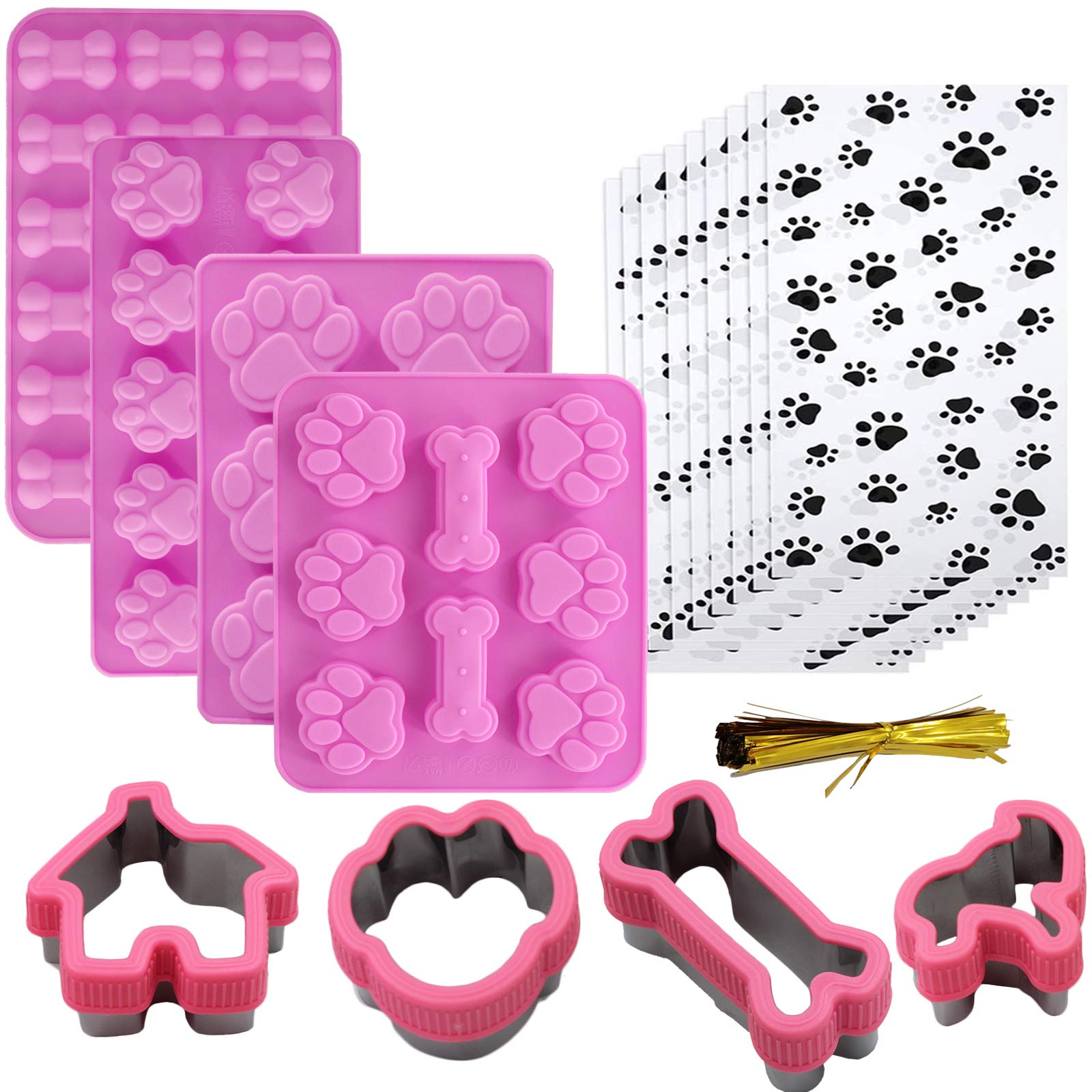 Shxmlf Dog Baking Supplies, Dog Treat Silicone Molds,Stainless Steel Puppy Paw Bone House Cookie Cutters, with 100 Pieces Dog treat bags for Homemade Chocolate, Candy, Jelly, Ice Cube, Doggie Treats