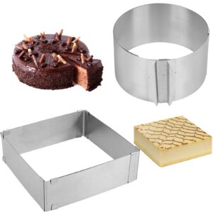 ZOENHOU 2 Pack 6-12 Inch Cake Mold Ring, Stainless Steel Mold Cake Baking Adjustable Mousse Cake Ring Mould Tools, with scaling for Kitchen DIY Pastry, Square and Round