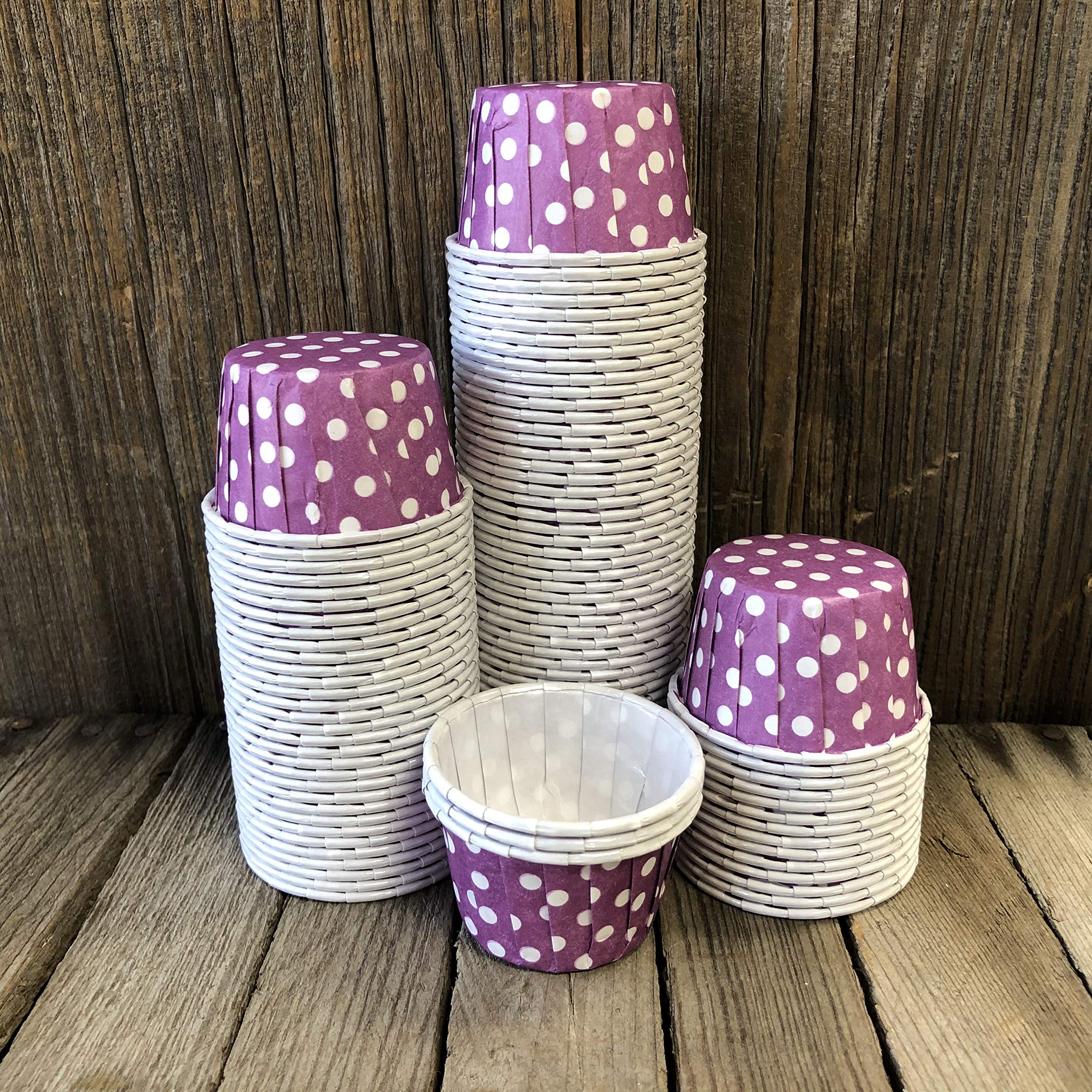 Bulk MINI Candy Nut Paper Cups - Valentine Birthday Easter - Mini Baking Liners - Purple White Polka Dot - 100 Pack