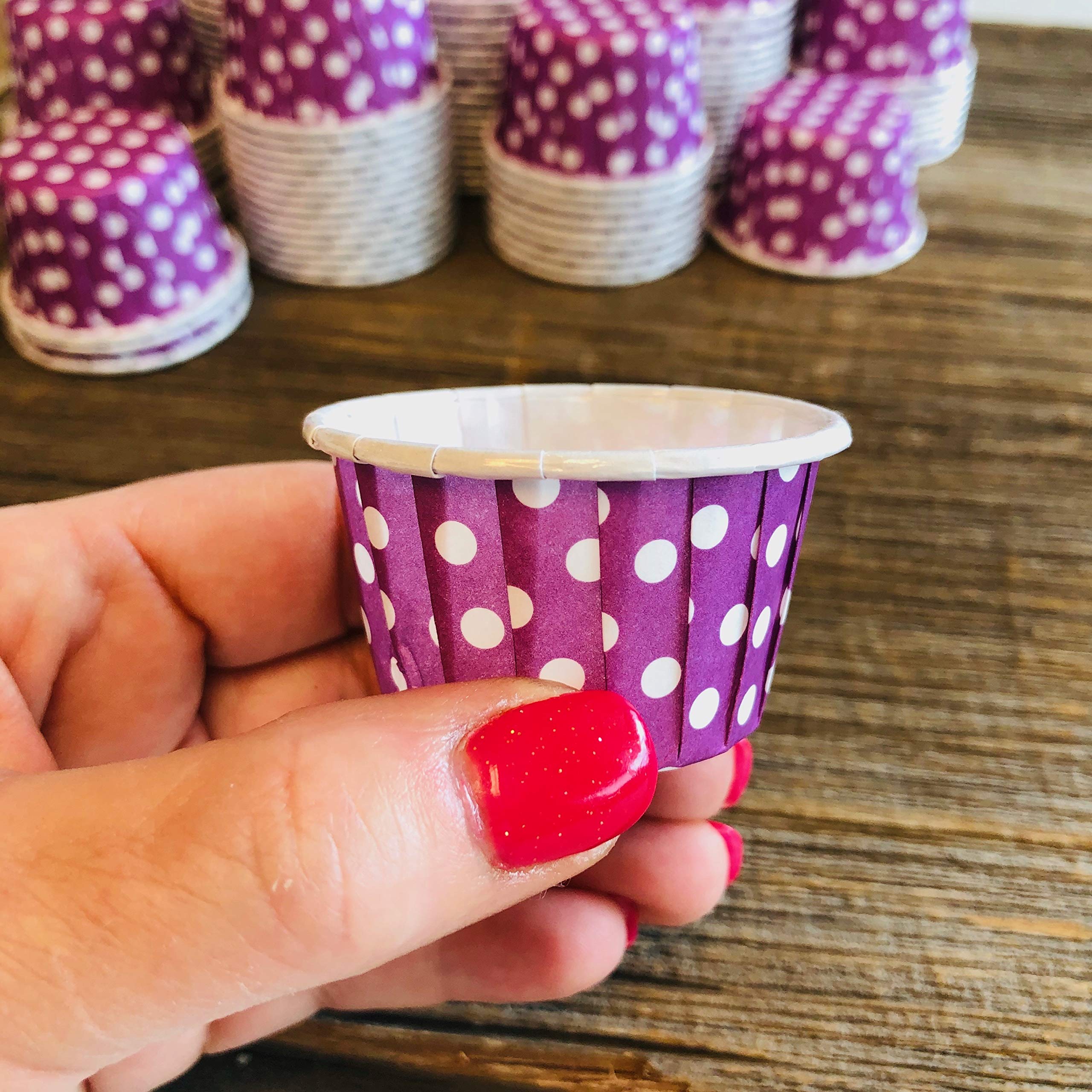 Bulk MINI Candy Nut Paper Cups - Valentine Birthday Easter - Mini Baking Liners - Purple White Polka Dot - 100 Pack