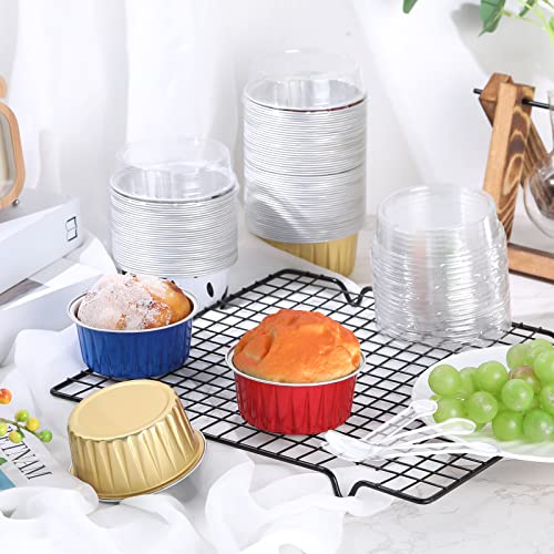 120 Pcs Cupcake Liners with Lids 4.2 oz Aluminum Foil Cupcake with Lids and Spoons Baking Cups Disposable Ramekins Muffin Cups Mini Cake Pans for Baking (Red, Blue, Yellow, Black White)