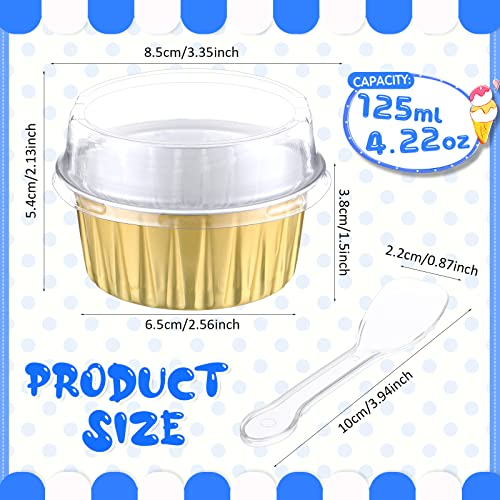 120 Pcs Cupcake Liners with Lids 4.2 oz Aluminum Foil Cupcake with Lids and Spoons Baking Cups Disposable Ramekins Muffin Cups Mini Cake Pans for Baking (Red, Blue, Yellow, Black White)