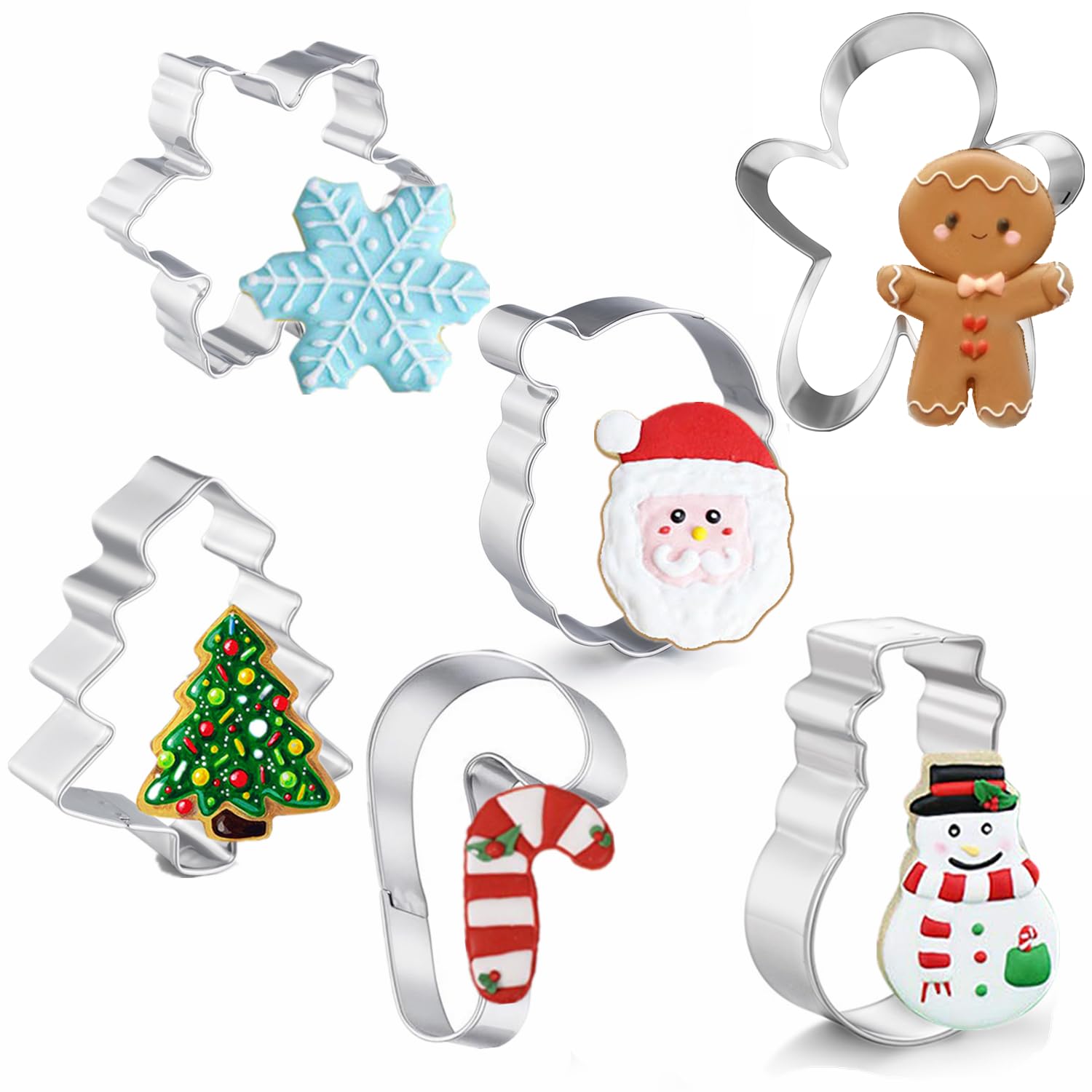 Large Christmas Cookie Cutters, 4" Holiday Cookie Cutters Shape with Recipe Instruction Gingerbread Men,Christmas Tree,Snowflake, Candy Cane,Santa Face and Snow Man for Baking