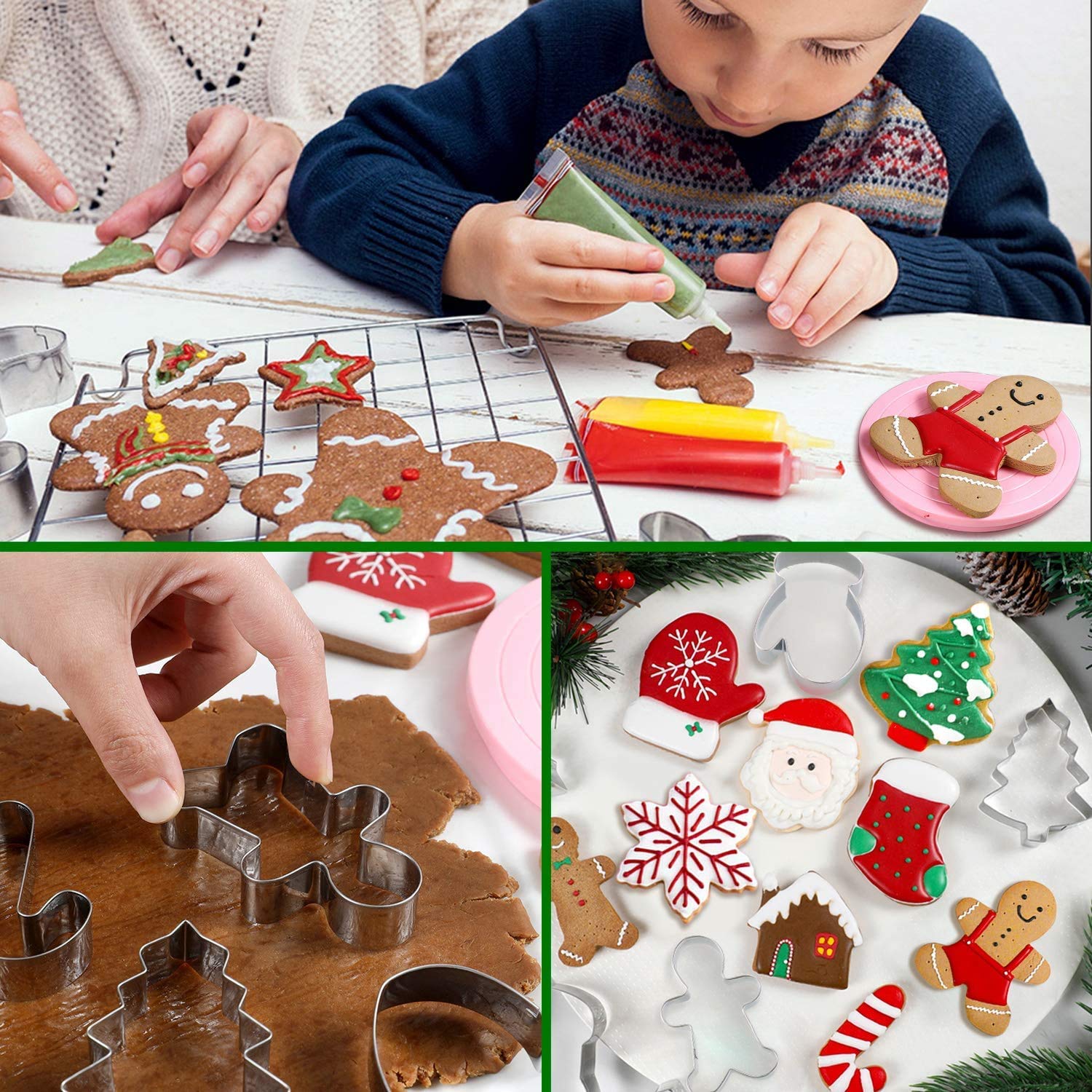 Large Christmas Cookie Cutters, 4" Holiday Cookie Cutters Shape with Recipe Instruction Gingerbread Men,Christmas Tree,Snowflake, Candy Cane,Santa Face and Snow Man for Baking