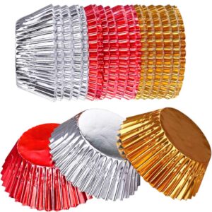 onwon 300 count foil metallic cupcake liners muffin paper case baking cups standard sized multicolor, gold, silver and red