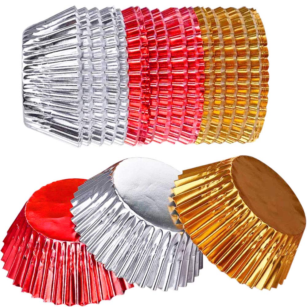 Onwon 300 Count Foil Metallic Cupcake Liners Muffin Paper Case Baking Cups Standard Sized Multicolor, Gold, Silver and Red