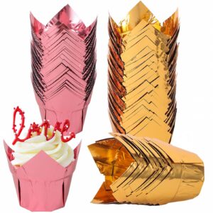 webake tulip cupcake liners, 100pcs gold muffin liners baking cups, 3.5 ounce disposable rose gold cupcake cups, jumbo aluminum foil cupcake wrappers for party, wedding, birthday, christmas