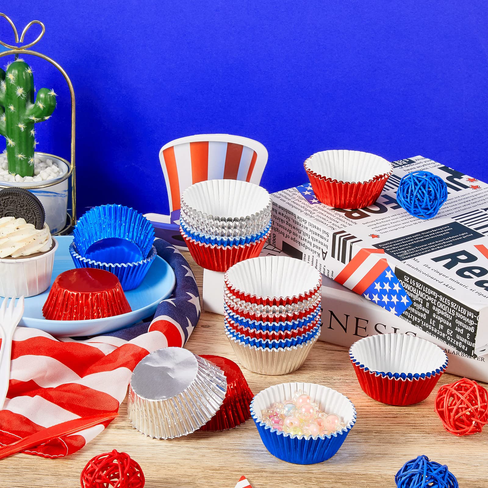 Mumufy 300 Count Foil Cupcake Liners 2 Inch Cupcake Wrappers Paper Bake Cup Set Foil Muffin Liners for Independence Day Christmas Halloween Party Supplies (Sliver, Red, Blue)