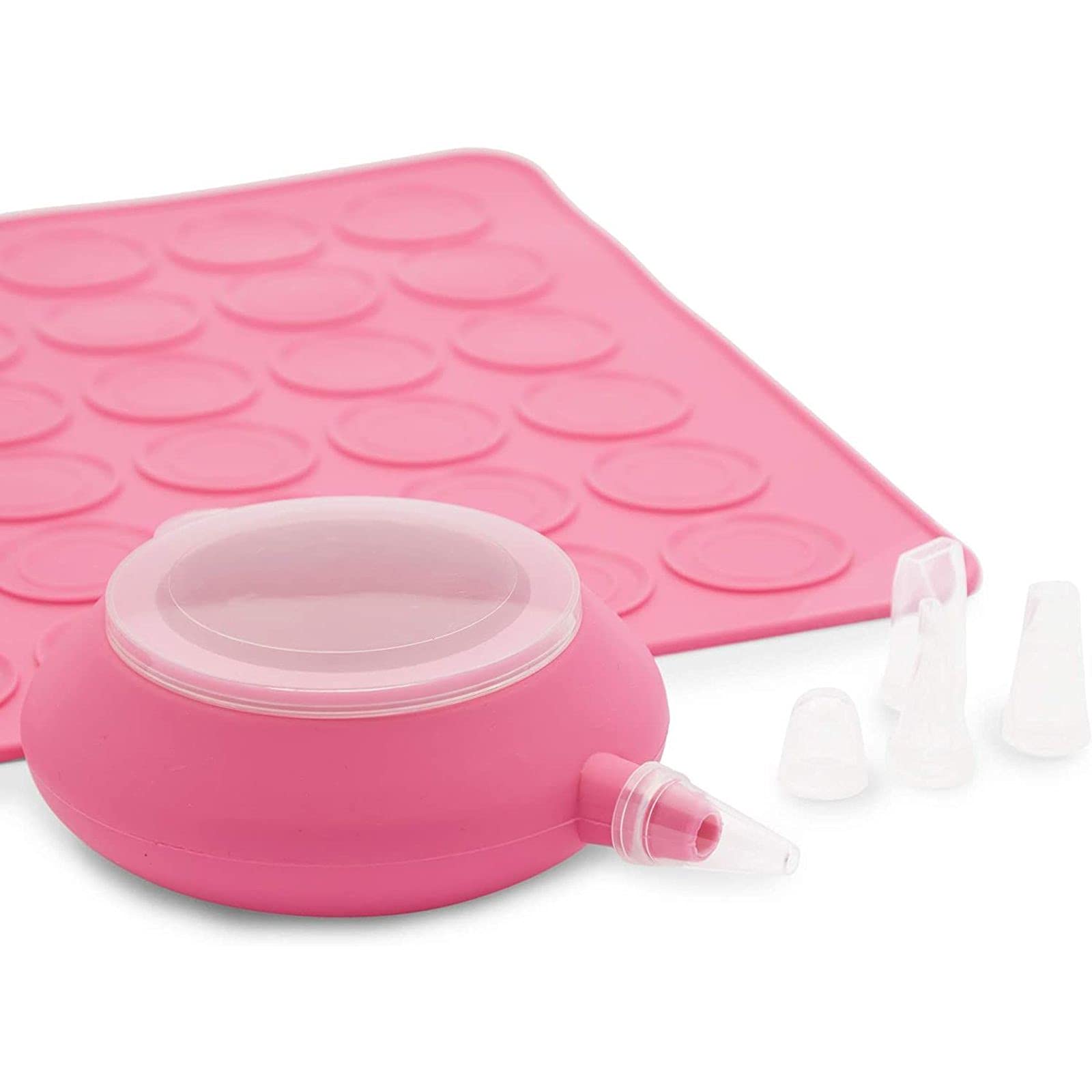 Macaron Baking Kit with Pink Silicone Mat Cookie Sheet, Piping Pot, 5 Nozzle Tips (7-Piece Set)