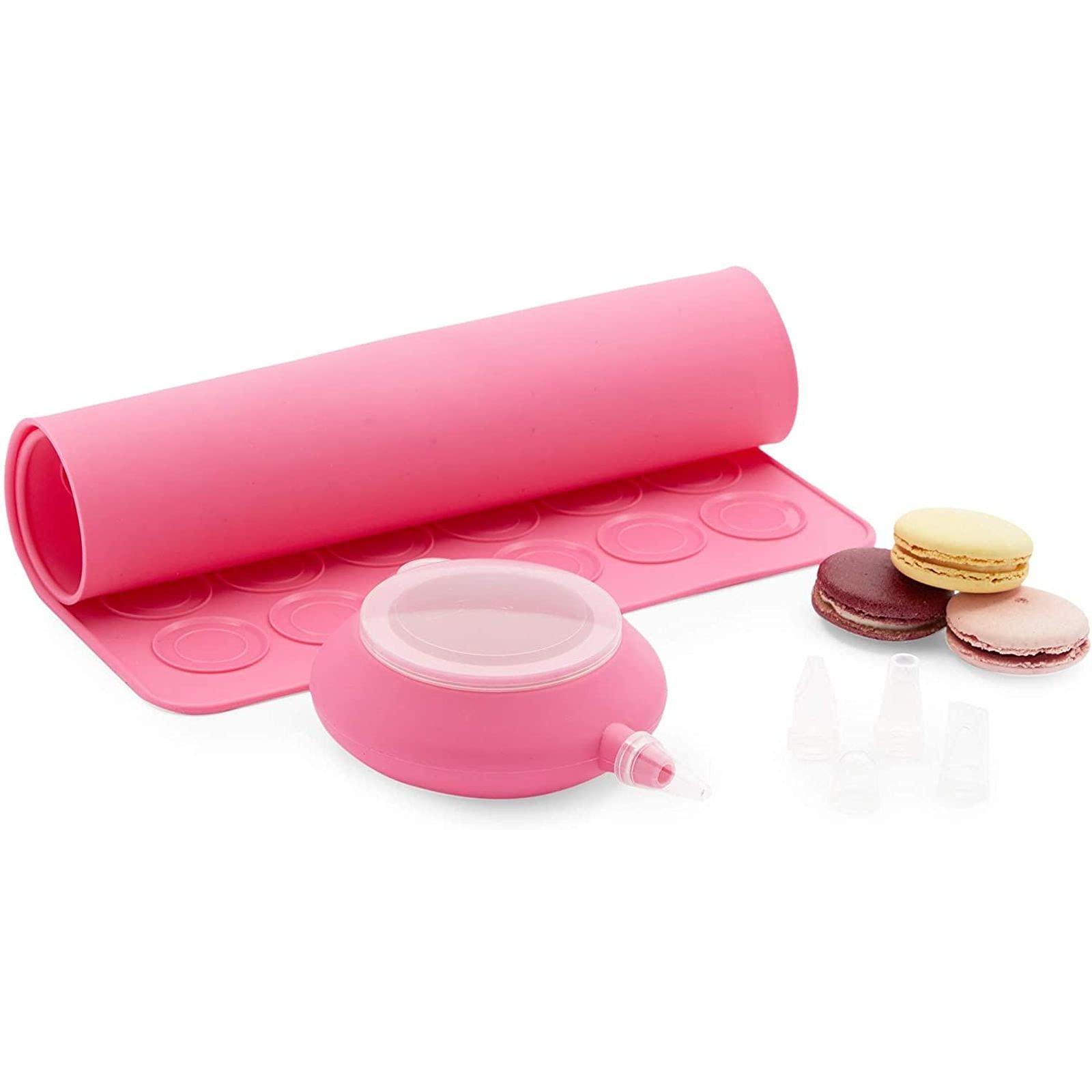 Macaron Baking Kit with Pink Silicone Mat Cookie Sheet, Piping Pot, 5 Nozzle Tips (7-Piece Set)