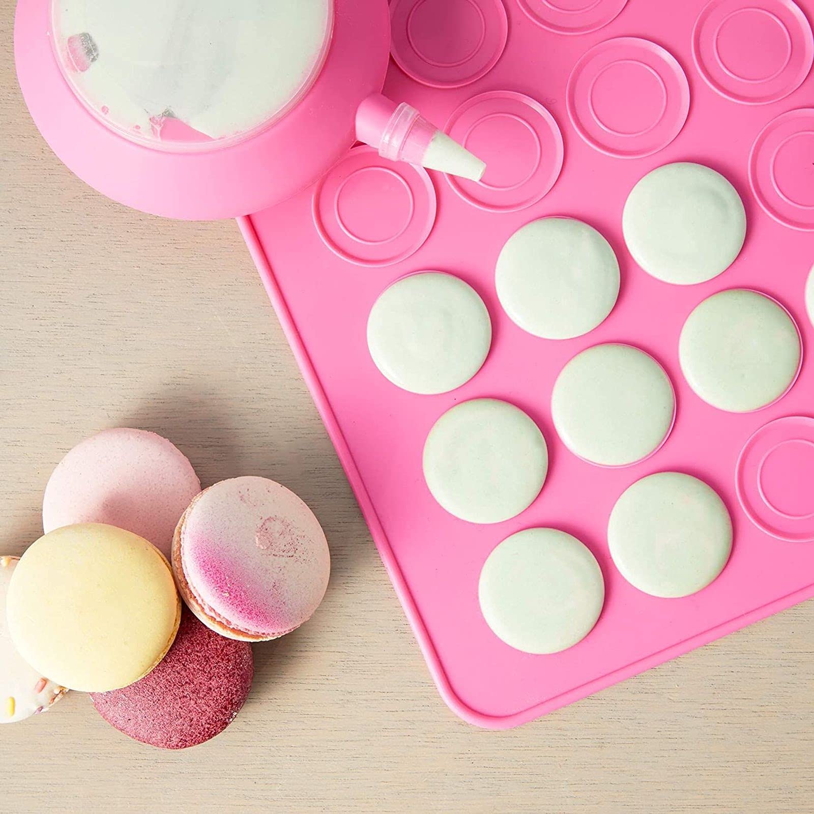 Macaron Baking Kit with Pink Silicone Mat Cookie Sheet, Piping Pot, 5 Nozzle Tips (7-Piece Set)