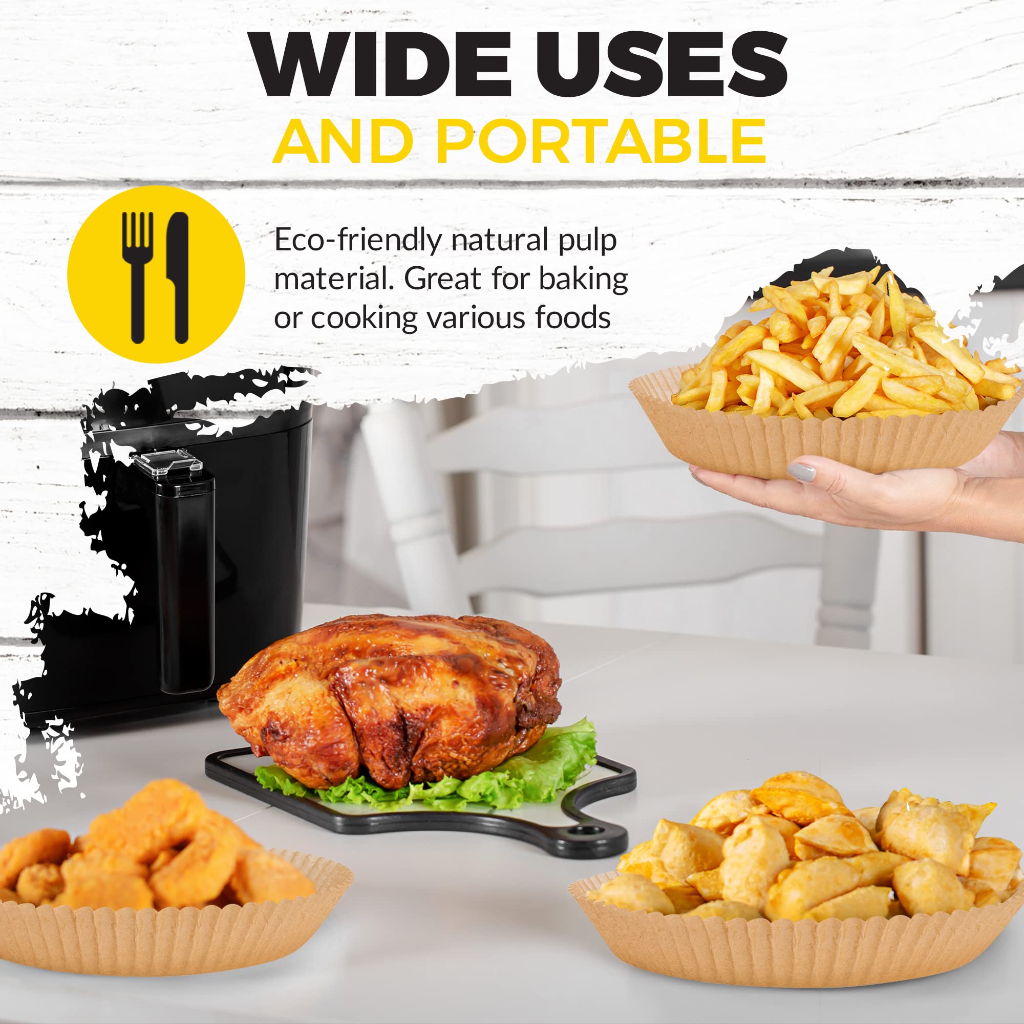 Air Fryer Liners 100 PCS with Cheat Sheet,Raised Edge Sheets Keep AirFryer Basket Clean,Compatible with Oven, Steamer & Crockpots