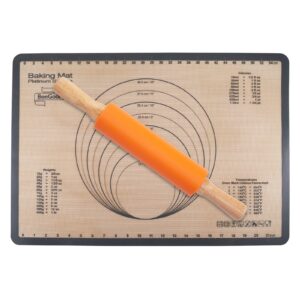 rolling pin and silicone baking mat combo set, solid wood handle rolling pin 15 inch & nonstick oven liner countertop mat for making pie crust cookie pizza and pasta dough