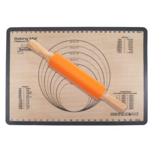 Rolling Pin and Silicone Baking Mat Combo Set, Solid Wood Handle Rolling Pin 15 inch & Nonstick Oven Liner Countertop Mat for Making Pie Crust Cookie Pizza and Pasta Dough