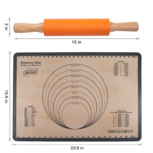 Rolling Pin and Silicone Baking Mat Combo Set, Solid Wood Handle Rolling Pin 15 inch & Nonstick Oven Liner Countertop Mat for Making Pie Crust Cookie Pizza and Pasta Dough