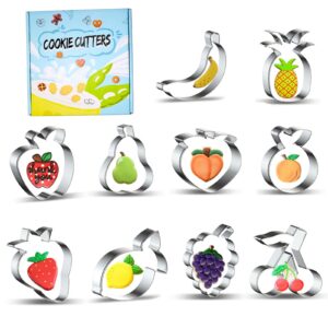 cookdaomo fruit shapes cookie cutters set of 10 pcs, stainless steel cookie cutters molds banana, pineapple, apple, pear, peach, orange, strawberry, lemon, grape, cherry pattern cookie cutters