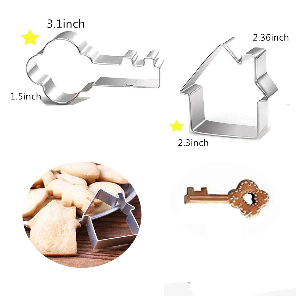 House Cookie Cutters Set, 5 Pieces Stainless Steel House Shape Cookie Cutter Plaque Frame Pastry Key Biscuit Cookie Cutter Kit Gingerbread for Chocolate Candy Cake Decor (House)