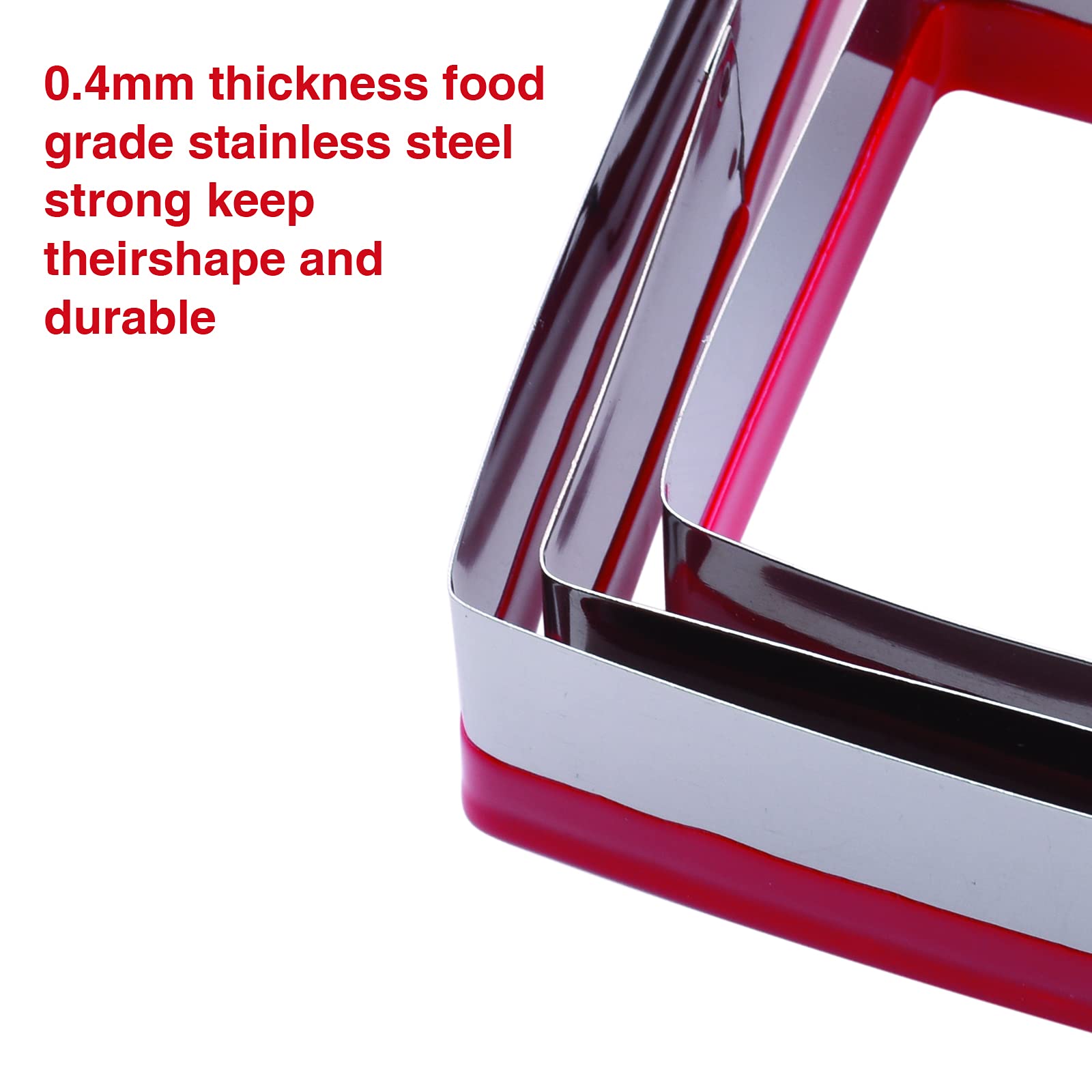 Abokney 3 PCS Cookie Cutters Quadrate Set,Square Shapes Cookie Cutter for Making Cake,Sandwich 2inch,3inch ,4inch,Red + Stainless Steel