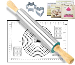 rolling pin nonstick and silicone baking pastry mat combo kit dough rollers for baking pasta,cookie dough,pastry,bakery,pizza