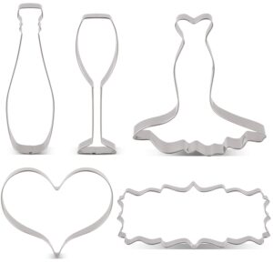 liliao wedding cookie cutter set for anniversary/bridal/engagement - 5 piece - heart, wedding dress, plaque, champagne and champagne glass fondant cutters - stainless steel