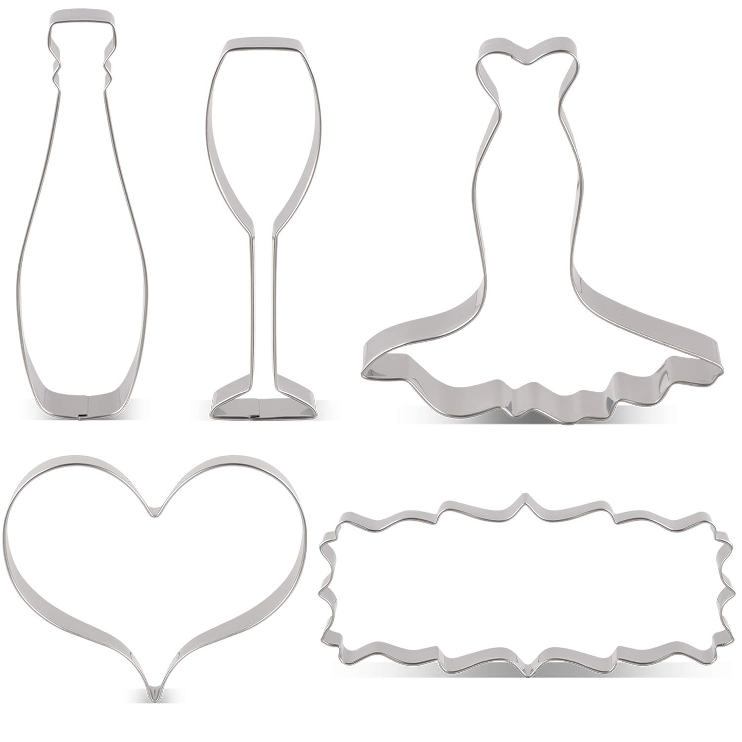 LILIAO Wedding Cookie Cutter Set for Anniversary/Bridal/Engagement - 5 Piece - Heart, Wedding Dress, Plaque, Champagne and Champagne Glass Fondant Cutters - Stainless Steel