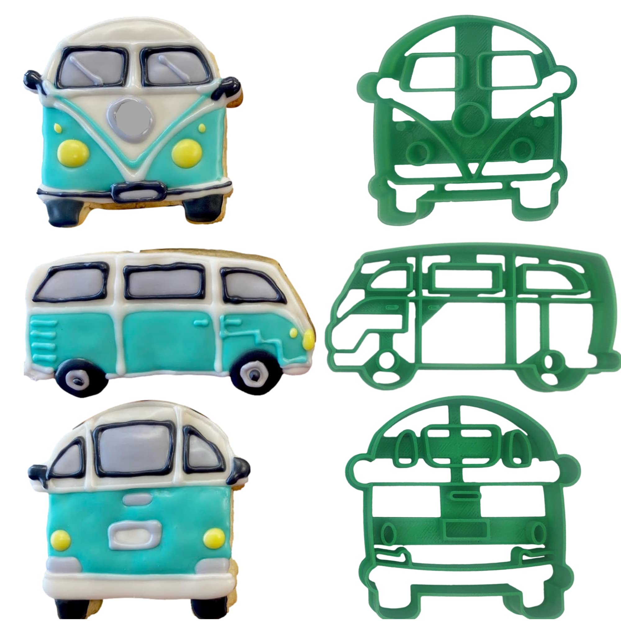 VINTAGE VAN COOKIE CUTTERS Small Bus Vehicle Rear Back Automobile Front and Van Side View Cookie Cutters (3 Pack)