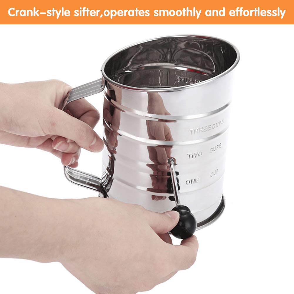 Flour Sifter 3 Cup Stainless Steel Rotary Hand Crank Sifter with 16 Fine Mesh Screen and 4 Wire Agitator Rotary Hand Crank Baking Sifter Professional Flour Sieve (3 Cup with Dough Blender)