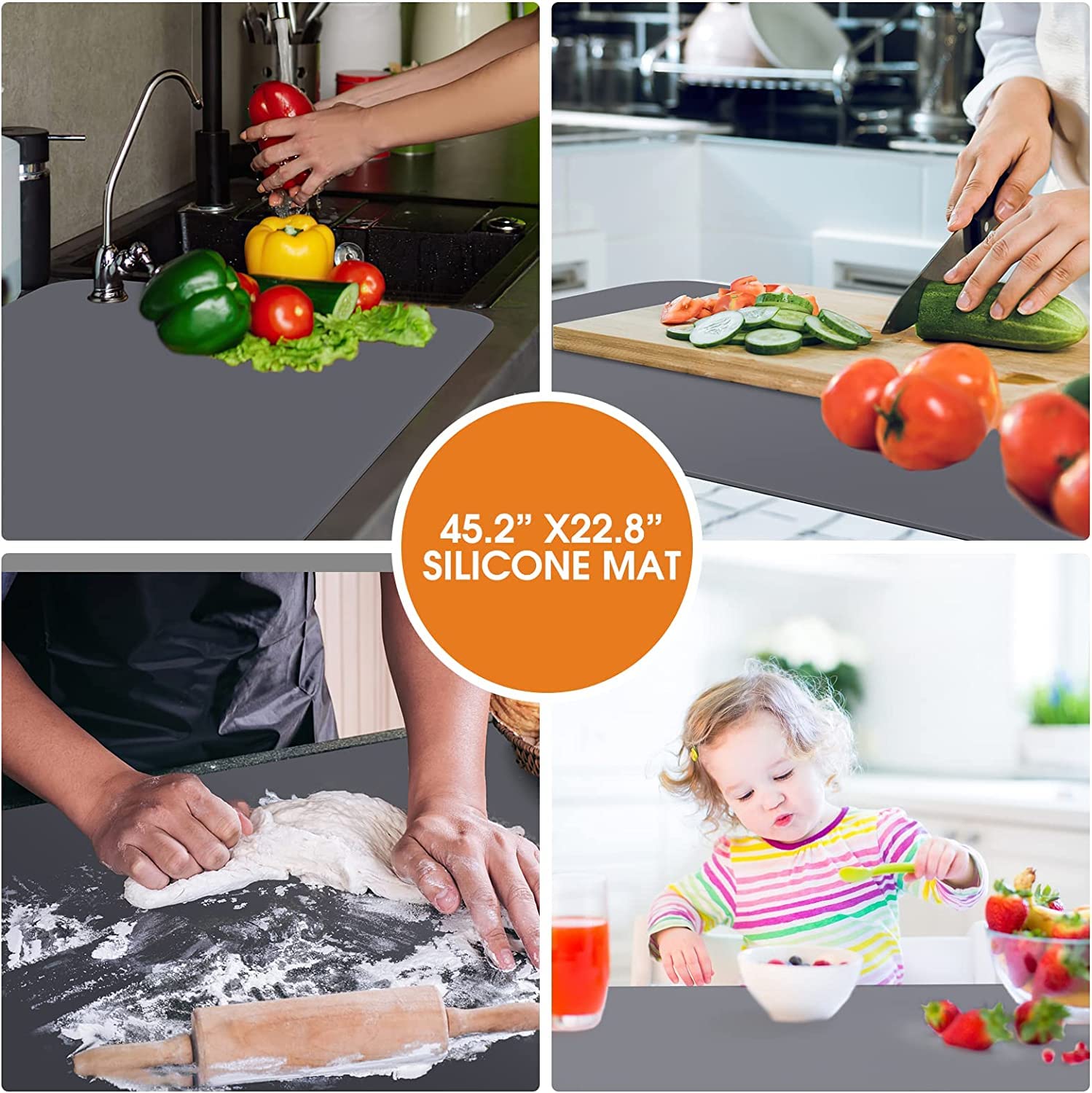 Silicone Mats for Kitchen Counter, 46.8''x23.2'' Large Heat Resistant Mat, Countertop Protector | Placemat | Craft Mat | Baking Mat - Heavy Duty, Waterproof, No Creases, No Odor (Grey) (Grey)