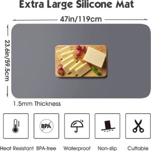 Silicone Mats for Kitchen Counter, 46.8''x23.2'' Large Heat Resistant Mat, Countertop Protector | Placemat | Craft Mat | Baking Mat - Heavy Duty, Waterproof, No Creases, No Odor (Grey) (Grey)