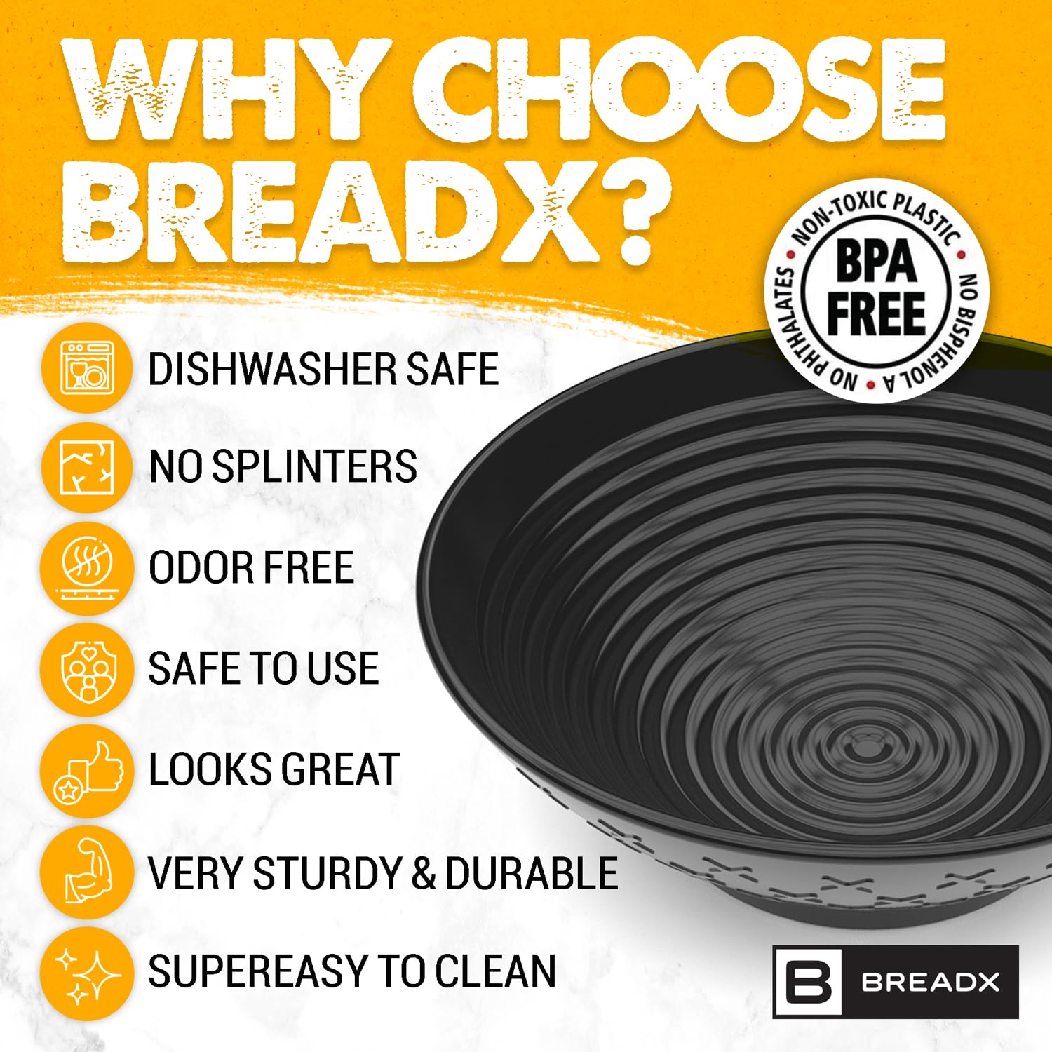 BreadX Banneton Proofing Basket - Modern Professional & Home Baking Tool - Sourdough Loaf & Artisan Bread Proving Brotform - Round Bowl with Spiral Patterns, No Odors, Splinters or BPA - 10 Inch