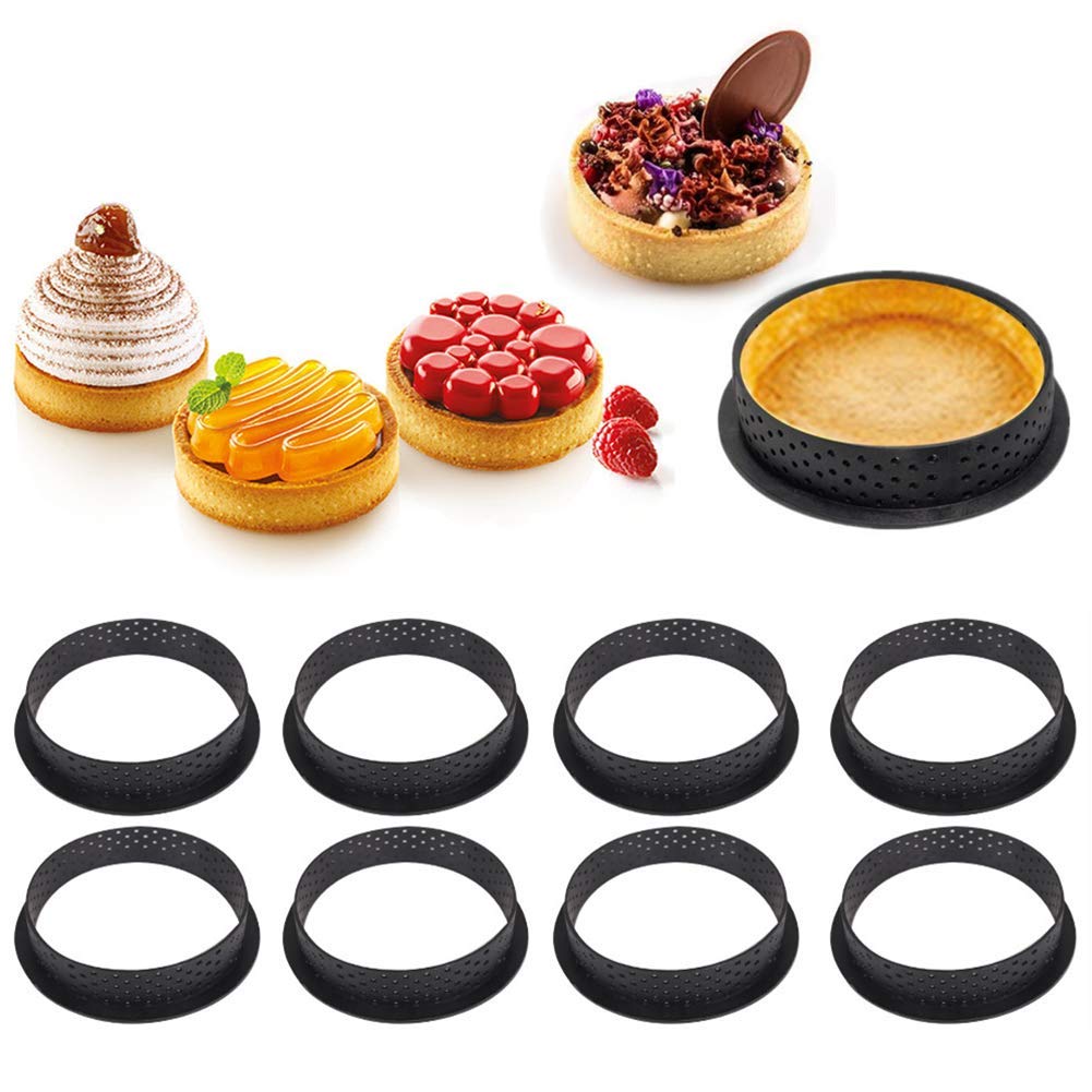 sundan 8PCS Tart Ring Round Cake Molds Cake Rings Mousse Mold, Cake Mold Perforated Cutter Round-Shape Mousse Circle Ring Non Stick Bakeware (Round)