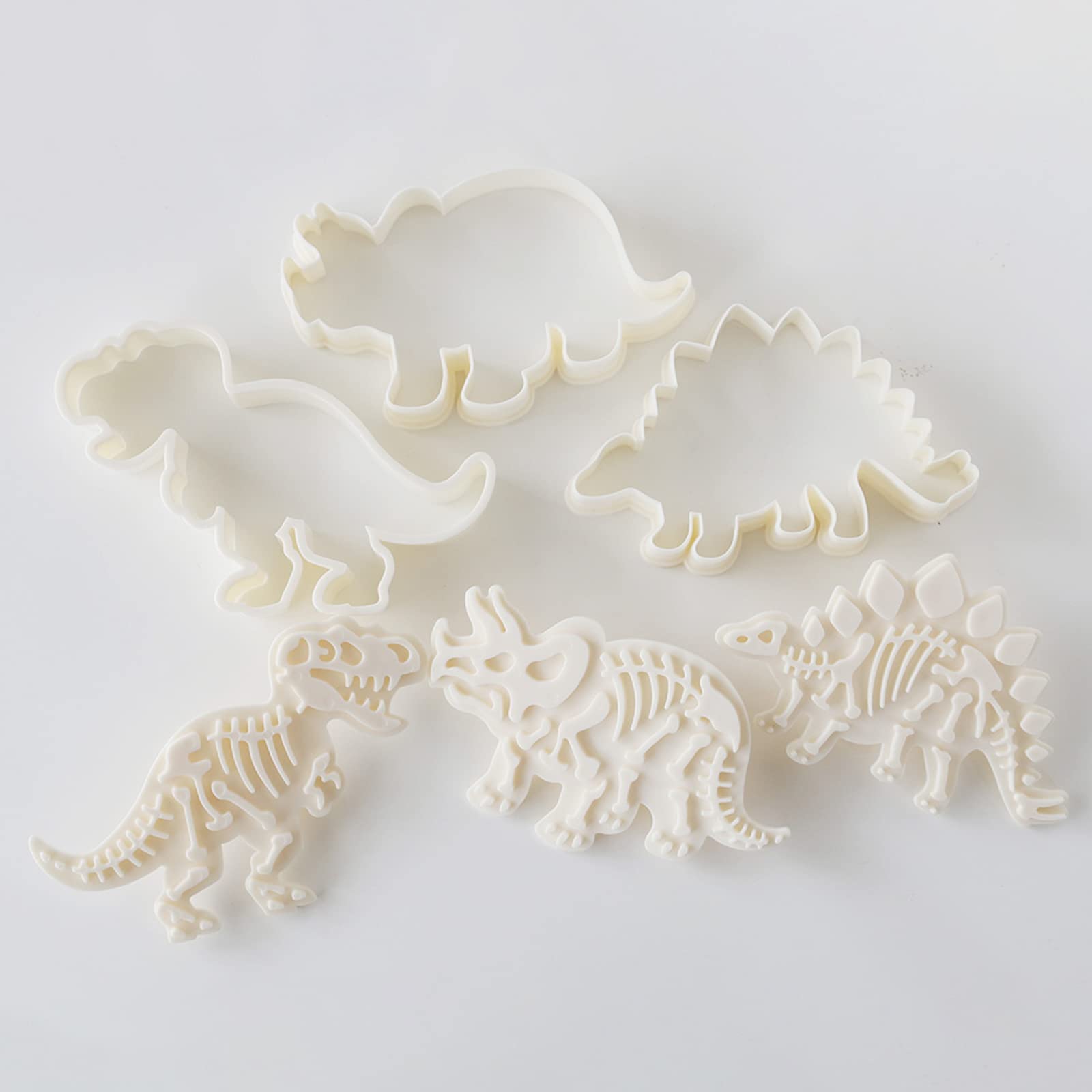 Elesinsoz 3 Set Dinosaur Cookie Cutters Dino Biscuit Sandwich Fondant Vegetable Fruit Food Playdoh Stamp Embosser Press Mold with T-Rex Stegosaurus Triceratops Skeleton Fossil Bones