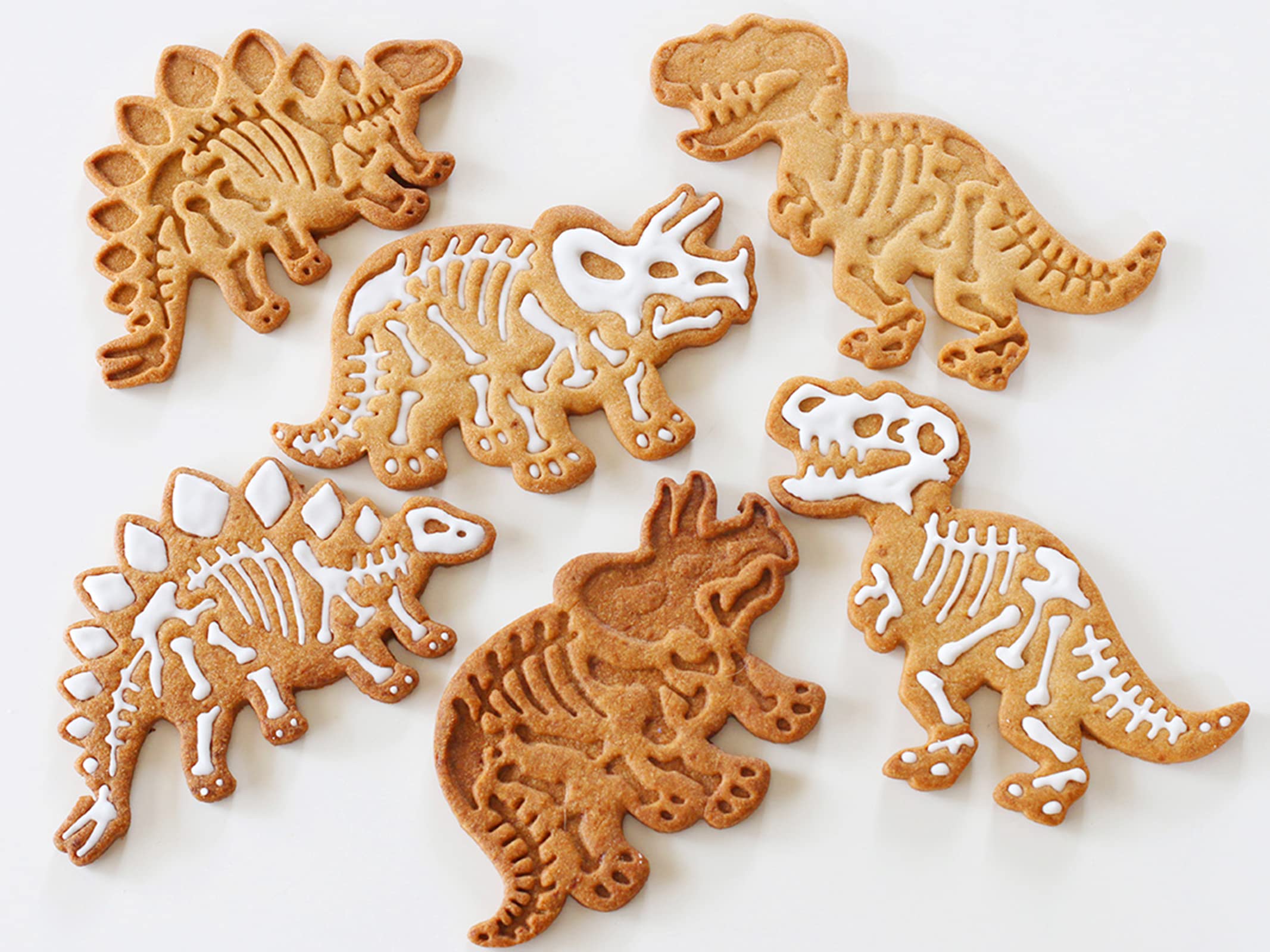 Elesinsoz 3 Set Dinosaur Cookie Cutters Dino Biscuit Sandwich Fondant Vegetable Fruit Food Playdoh Stamp Embosser Press Mold with T-Rex Stegosaurus Triceratops Skeleton Fossil Bones